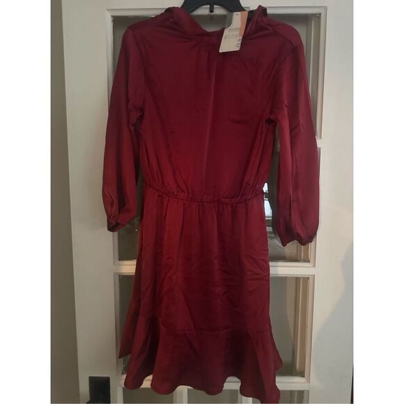 Burgundy size small Satin Short Dress Long Lantern Sleeve Ruffle A-Line Mini Dre - Picture 9 of 10